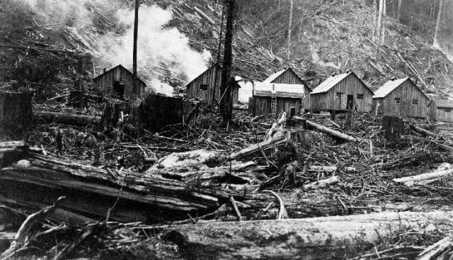 Tømmerhuggerleir.
Bildet er tatt av Hans Gyland i 1918, og viser Christi Camp, Wickersham i Washington. 
Eier: Kristine Waldeland, Egersund. Plassering: Einar Birkeland, Sokndal